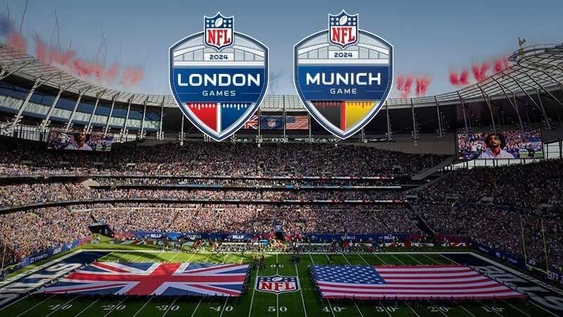 tottenham stadium during nfl game with london and munich logos