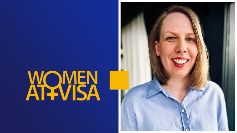 Women At Visa logo and portrait of Visa's Stefanie Weber